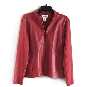 Pendleton Red Leather Sweater Jacket Size M Full Zip Merino Wool